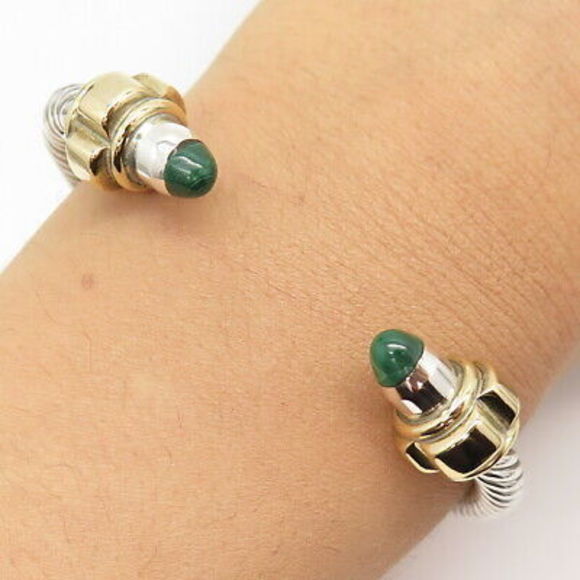 925 Sterling Silver 2-Tone Vintage Mexico Malachite Gem...